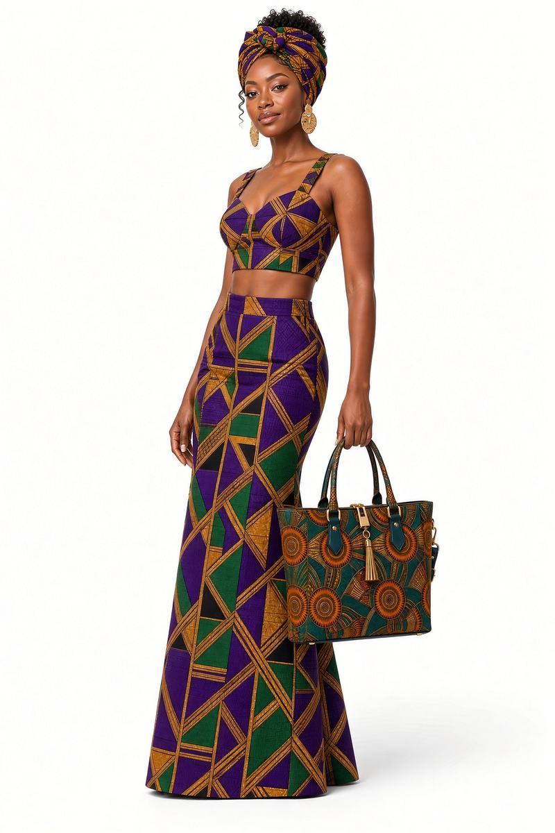 Model wearing the Violet Crop & Skirt Set, Beautiful Turban Headwrap and Heritage Print Tote